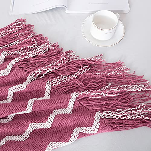 BOURINA Fluffy Chenille Knitted Fringe Throw Blanket Lightweight Soft Cozy for Bed Sofa Chair Throw Blankets Rose Wine 50" x 60" - color: A-rose Wind, size: 50"×60"
