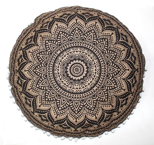 Black Gold Ombre Round Mandala Floor Pillow Cover Seating Cushion Throw Cover Hippie Decorative Bohemian Ottoman Pouf Cover, Pom Pom Pillow Cases,Boho Indian 32 Inches - color: Black Gold, size: 32" Round
