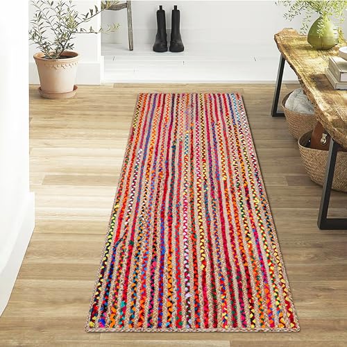 Hausattire Bohemian Braided Runner Rug 2'x6' - Multi Color, Long Farmhouse Jute Cotton Area Rag Rugs for Hallway, Kids Bedroom, Kitchen | Colorful Hand Woven Reversible Floor Carpet - 24x72 Inch - color: Multi Color, size: 2' x 6' (Runner)