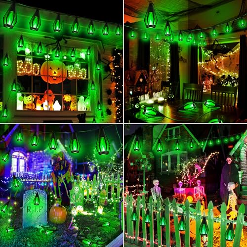 iBaycon Solar Halloween Lights, 42Ft 15 LED Bulbs Flickering Flame String Light, Outdoor Waterproof Solar Flame Lights for Garden Yard Patio Halloween Decorations (Green) - color: Green, size: 42FT