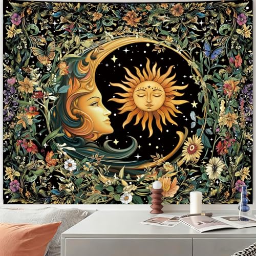 Apdidl Sun and Moon Hippie Decor Tapestry for Bedroom, Boho Hippy Mystic Floral Tapestries Wall Hanging Aesthetic, Vintage Mandala Plants Moon Cute Backdrop Wall Decor for Living Room Dorm 51"X60" - color: Sun Moon Tapestry, size: 60"L x 51"W