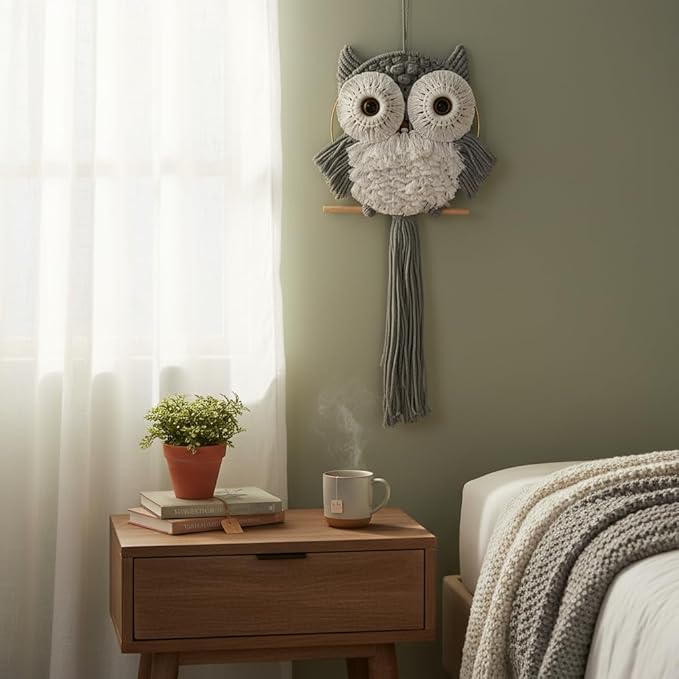 ACEDSGN Macrame Owl Wall Hanging Boho Dream Catcher, Handmade Tapestry Fiber Art Wall Decor for Nursery Bedroom Living Room, Sustainable Gift for Owl Lovers & Nature Fans - Light Gray