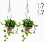 2 Pack Macrame Plant Hanger Indoor, Indoor Outdoor Hanging Planter Basket Decorative with 4 Hooks, Flower Pot Holder for Boho Home Decor (Brown)