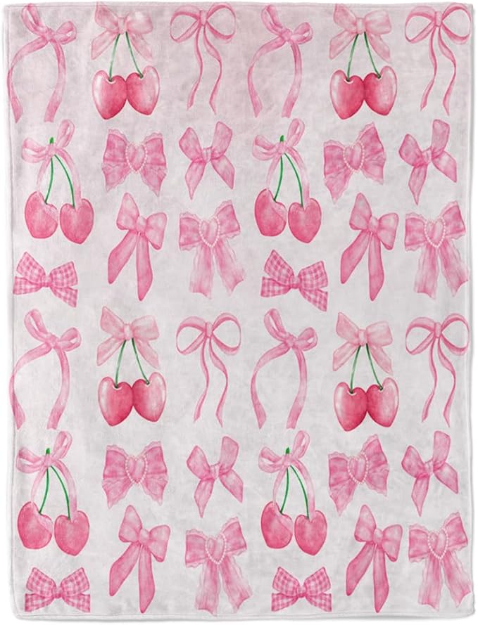Pink Cherry Bow Throw Blanket Back to School Decorations Soft Dorm Room Essentials Gifts for Students Girls Boys Lightweight Coquette Bow Cherry Aesthetic Blanket for Nursery Room 30"x40"