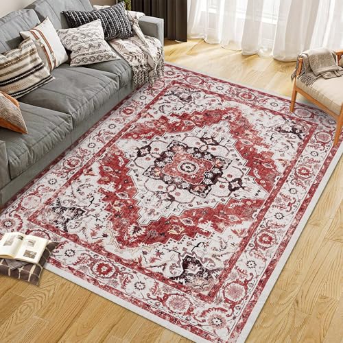 GarveeHome Boho Area Rugs for Living Room Large Machine Washable Stain Resistant Non-Slip Rugs for Bedroom, Entryway Kitchen Playroom Nursery Office, Ultra Soft Vintage Carpet - color: Red, size: 2'x6'