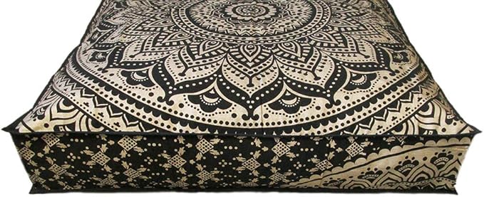 ICC Large Square Floor Pillow Cover Hippie Ottoman Pouf Cover Daybed Cotton Mandala Cushion Cover with Heavy Duty Zipper Seating Ottoman Poufs Dog-Pets Bed (Black Gold Ombre, 35" Square)