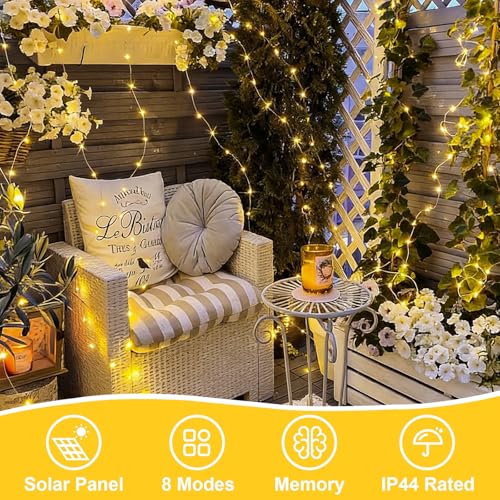 QITONG Warm White Solar Fairy Lights, 2 Pack Each 66ft 200 LED String Lights Outdoor, Silver Wire Solar Christmas Mini Lights - color: Warm White