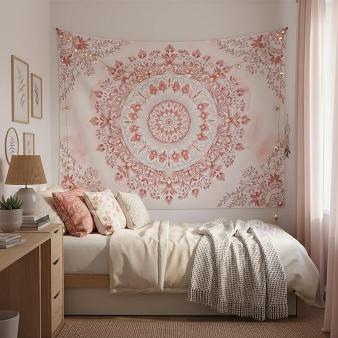Accnicc Pink Floral Mandala Tapestry Wall Hanging Boho Medallion Tapestry Aesthetic Watercolor Flower Cute Large Tapestries for Bedroom Living Room Dorm Decor 80 x 60 Inch