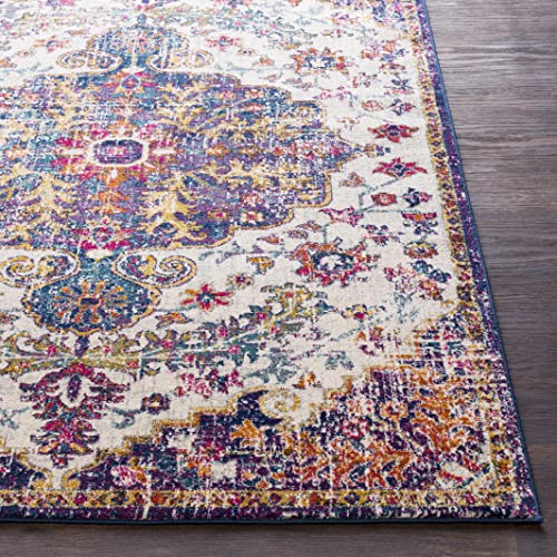 Hauteloom Kaleidoscope Area Rug - Medallion Floral Distressed Border Abstract - Traditional Oriental Boho Transitional Turkish - Beige, Mustard, Medium Gray, Blue, Cream - 2' x 2'11" - color: Beige, Mustard, Medium Gray / Okarche, size: 1'11" x 2'11" (Rec