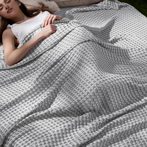 Bedsure Cooling Cotton Waffle Queen Size Blanket - Lightweight Breathable Blanket of Rayon Derived from Bamboo for Hot Sleepers, Luxury Throws for Bed, Couch and Sofa, Grey, 90x90 Inches - color: Grey, size: Queen (90" X 90")