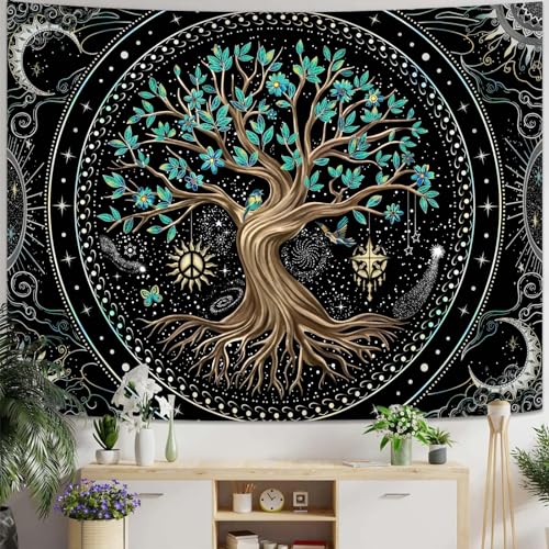 Lunerfex Tree of Life Tapastry Butterfly Moon Tapastry Flower Green Tree Tapestries Mandala Wall Hanging for Bedroom and Living Room Decor 44×60 Inches - color: Dark Green, size: 60"L x 44"W