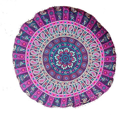 Rastogi Handicrafts 32" COR Mandala Floor Pillow Cushion Seating Throw Cover Bohemian Ottoman Poufs, Pom Pom Pillow Cases,Boho Indian (Purple 1) - color: Purple 1