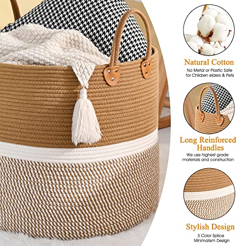 KAKAMAY Large Blanket Basket (18"x18"x16"),Woven Baby Laundry Hamper for Storage, Cotton Rope Blankets Baskets for Nursery, Laundry, Living Room, Pillows, Baby Toy chest with Handles (Brown) - color: Brown