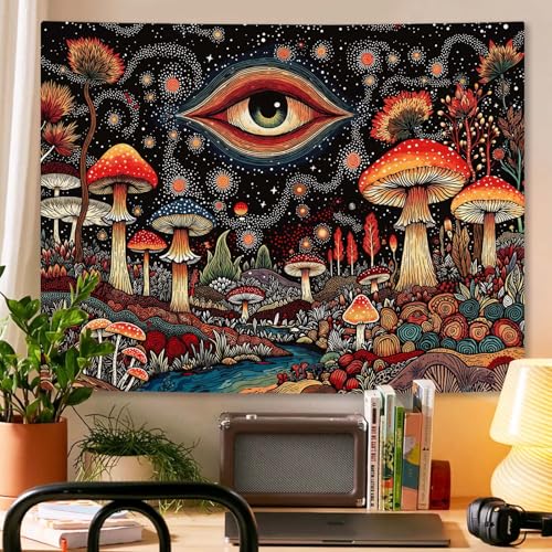 Accnicc Hippie Red Mushroom Tapestry Abstract Mystical Eye Wall Tapestry for Bedroom Aesthetic Boho Fantasy Starry Night Plant Small Tapestries Wall Hanging for Dorm Living Room Decor 48 × 36 Inch - color: Black Scarlet, size: 48"L x 36"W