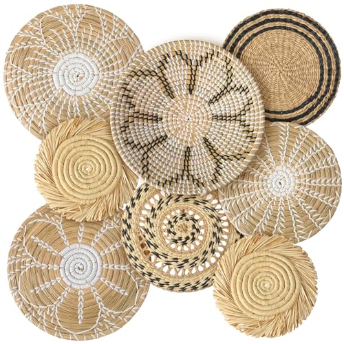 Xuhal 8 Pcs Boho Wall Basket Decor Decorative Bulrush Woven Basket Wall Decor Rustic Farmhouse Hanging Baskets for Kitchen Rustic Home Summer Decorations - style: Groovy