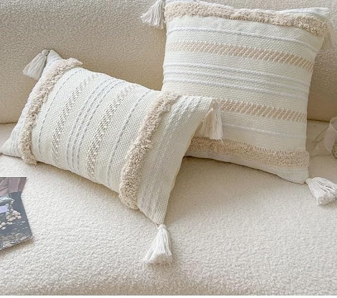 Beige Decorative Pillow Covers 18x18 Inch Soft Linen Texture Couch Throw Pillows Farmhouse Cushion Covers with Elegant Design for Sofa Bedroom Living Room Home Decor