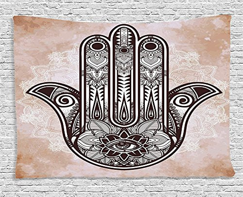 Ambesonne Hamsa Tapestry, Grunge Style Mandala with Evil Eye Mystic Eastern Art Oriental, Wide Wall Hanging for Bedroom Living Room Dorm, 60" X 40", Brown Cream - color: Brown and Cream, size: 60"L x 40"W