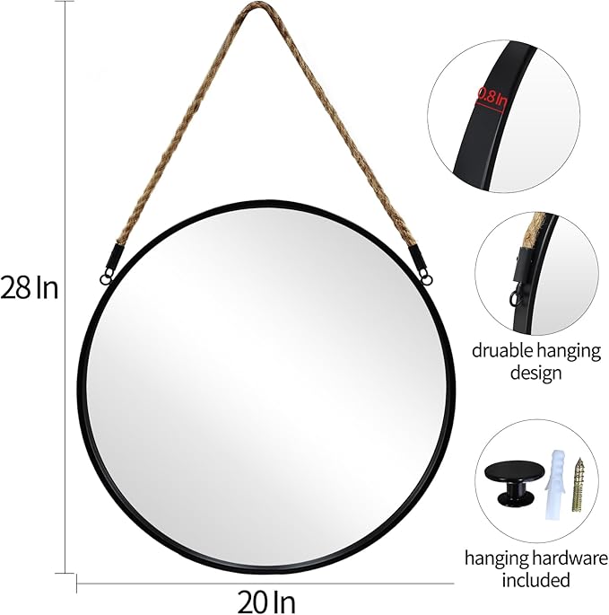 POZINO Round Hanging Mirror, 20" Rope Wall Mirrors Decorative, Black Metal Frame Circle Mirrors, Farmhouse Wall Mounted Mirrors for Bathroom, Bedroom, Living Room, Entryway, Home Decor
