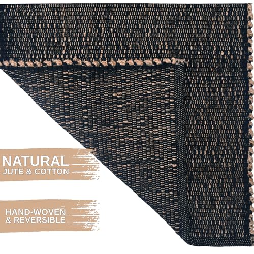 Black 2X6 Jute Rug Braided Construction - Farmhouse Woven Carpet - Mid-Century Modern Floor Covering for Hallways and Kitchen, Runner 2' x 6' - color: Black, size: 2' x 6'