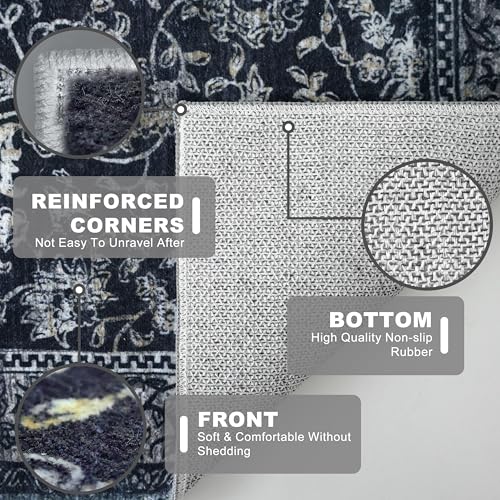 KILOCOCO Hallway Runner 2x5 Rug Runner Printed Vintage Floral Washable Kitchen Runners Non-slip Rubber Backed Runners for Hallways Laundry Room Distressed Boho Rugs for Entryway Bedroom, Navy/Charcoal - color: Charcoal/Navy, size: 2' x 5' (Runner)