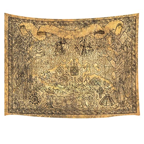 Ancient Mayan Civilization Tapestry - Vintage Aztec Map With Gods, Old Ships, Temple, Brown Symbols - Wall Hanging for Bedroom, Living Room, Dorm - Home Decor Mandala - 60X40 - color: Brown