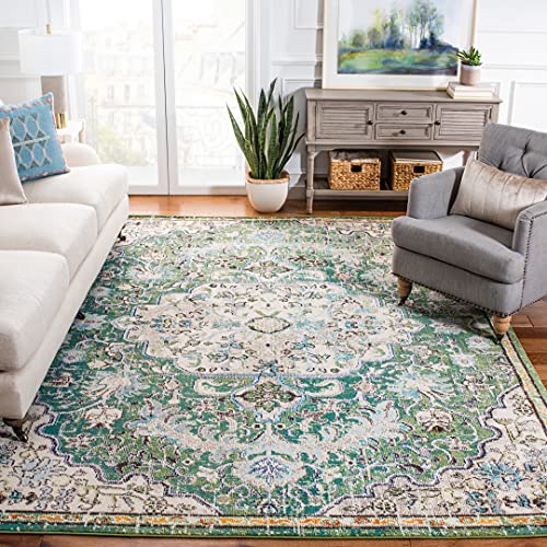 SAFAVIEH Madison Collection Area Rug - 6'7" Square, Green & Turquoise, Boho Chic Medallion Distressed Design, Non-Shedding & Easy Care, Ideal for High Traffic Areas in Living Room, Bedroom (MAD447Y) - color: Green/Turquoise, size: 6'7" x 6'7" (Square)