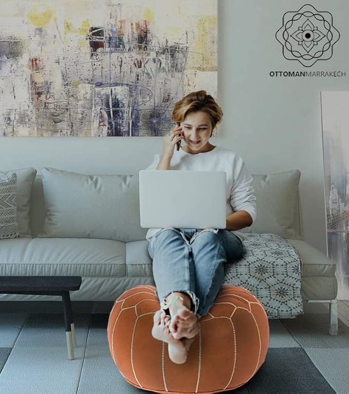 Unstuffed Genuine Round Leather Pouf | Moroccan Ottoman Footstool, Footrest Cover | Super Soft Handmade Ottoman Faux Comes in 20" D x 20" W x 14" H