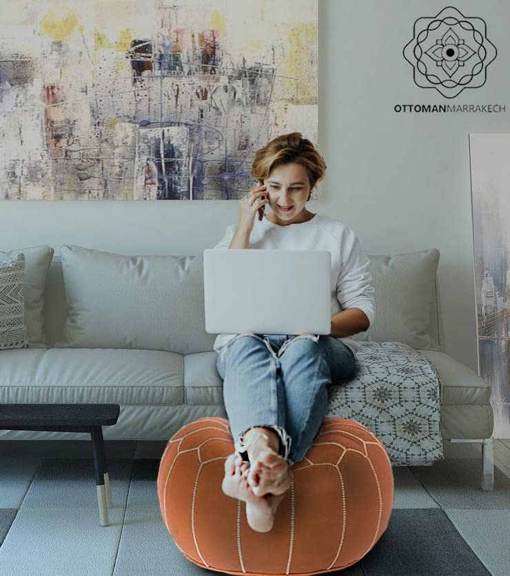 Unstuffed Genuine Round Leather Pouf | Moroccan Ottoman Footstool, Footrest Cover | Super Soft Handmade Ottoman Faux Comes in 20" D x 20" W x 14" H
