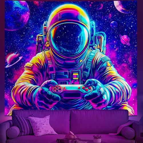Tichgeim Blacklight Astronaut Space Tapestry for Men,Game Controller Cool Tapestry Glow in The Dark UV Wall Art for Bedroom Decor,Funny Anime Poster Wall Hanging for Boys 60" L x 51" W - color: Blacklight Space Astronauts Tapestry, size: 60"L x 51"W