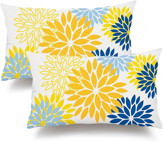 DFXSZ Yellow Blue Flower Pillow Covers 12x20 Inch Set of 2 Outdoor Throw Pillows Outdoor Waterproof Decor for Living Room Sofa Patio Funiture Garden Floral Polyester Pillow Covers 002J12