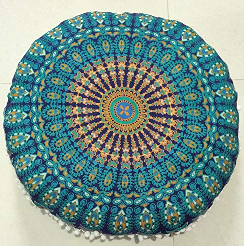 INDIAN CRAFT CASTLE 24" Blue Peacock Mandala Barmeri Large Floor Pillow Cover Cushion Meditation Seating Ottoman Throw Cover Hippie Decorative Zipped Bohemian Pouf Ottoman Pom Pom Cases 24" Round - color: Green, style: 24 Inch Round