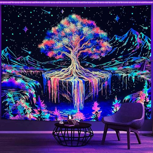Spenlife Blacklight Tree of Life Tapestry Neon Fantasy Tapestry for Bedroom Rainbow Tapestries Wall Hanging Bedroom Living Room Wall Art and Home Decor 44x60 - color: Bright Yellow, size: 60"L x 44"W