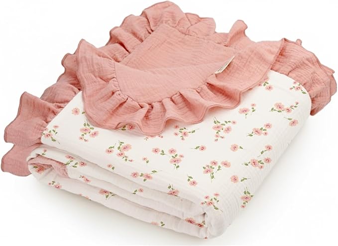 Muslin Ruffled Baby Blanket, Extra Large 52 x 52 Inches, Soft Breathable Cotton Crib Blanket for Newborn Infant Toddler (Rosy-Ruffled, Printed)