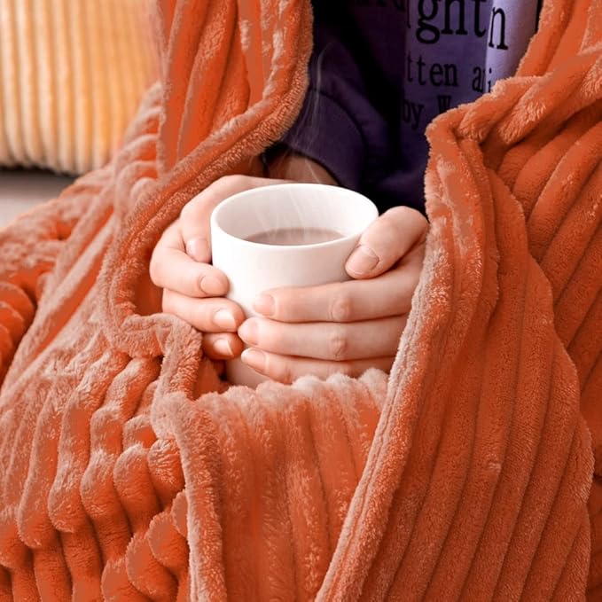 MIULEE Burnt Orange Fleece Throw Blanket for Couch 300GSM Super Soft Lightweight Plush Striped Throws, Warm Cozy Breathable Ribbed Blanket for Bed/Sofa, Twin Size 60"x80"