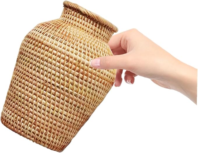 VOSAREA Rattan Vase Country Style Woven Plant Holder Basket Rustic Vase Hand Woven Dried for Home Decoration