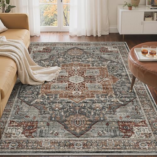 Roxstand 4x6 Area Rug - Washable Dining Room Rug with Non-Slip Backing, Small Rugs for Entryway, Kitchen, Bedroom, Stain Resistant Vintage Rug for Room Decor (Grey/Brown/Tan, 4'x6') - color: Grey/Brown/Tan, size: 4' x 6' (Rectangular)