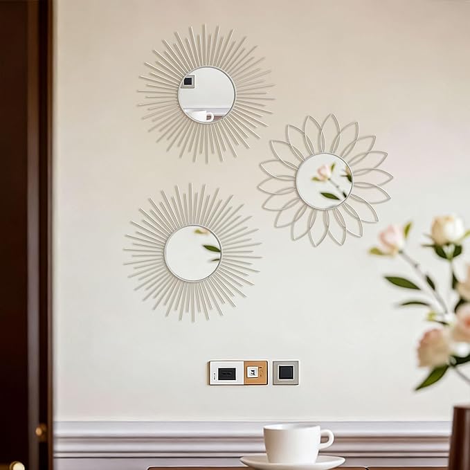 3 Pack Metal Mirrors for Wall Sunburst Wall Mirrors Home Décor Decorative Hanging Wall Art for Living Room Bedroom Entryway (White, Flower+Sunburst)