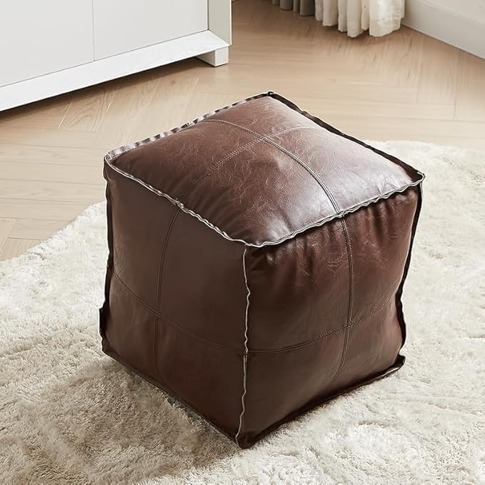 Louis Donné Unstuffed Ottoman Pouf Cover, Faux Leather Pouf Cover Foot Stool, 17.7" Square Small Bean Bag Footstool, Soft Ottoman FootRest with Storage for Living Rooms Bedrooms, Brown(ONLY Cover)