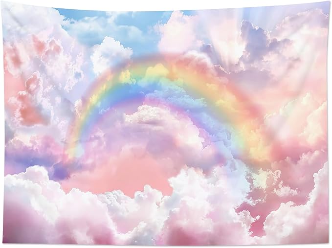HVEST Rainbow Cloud Tapestry Wall Hanging, Rainbow and Pink Cloud Pastel Wall Decor, Aesthetic Nature Landscape Tapestry for Living Room Bedroom Aesthetic Decor, 36L x 48W Inches