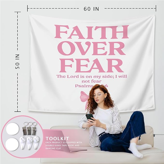 LIANGW Coquette Pink Bow Christian Tapestry Aesthetic, Coquette Preppy Room Decor for Teen Girls & Women, Wall Tapestry for Bedroom, Cute Bible Verses Tapestries Wall Hanging 50x60 inche