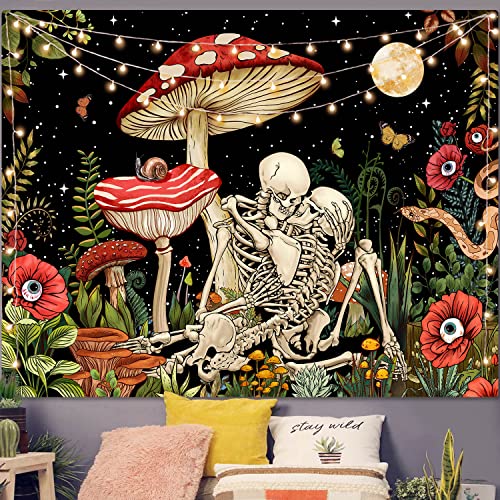 Accnicc Mushroom Skull Tapestry Skeleton Floral Plant Flower Aesthetic Bedroom Tapestries Nature Moon Wall Tapestry for Dorm Living Room (48'' × 36'') - color: Red, size: 48"L x 36"W