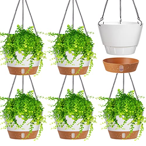 Amyhill 6 Pcs 8 Inch Hanging Planter for Indoor Plants Self Watering Hanging Pot Baskets with Drainage Hole Visible Water Level Tray with Hooks for Garden Outdoor(White) - color: White