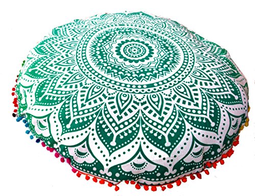 Rastogi Handicrafts 32" COR Mandala Floor Pillow Cushion Seating Throw Cover Bohemian Ottoman Poufs, Pom Pom Pillow Cases,Boho Indian (White) - color: White