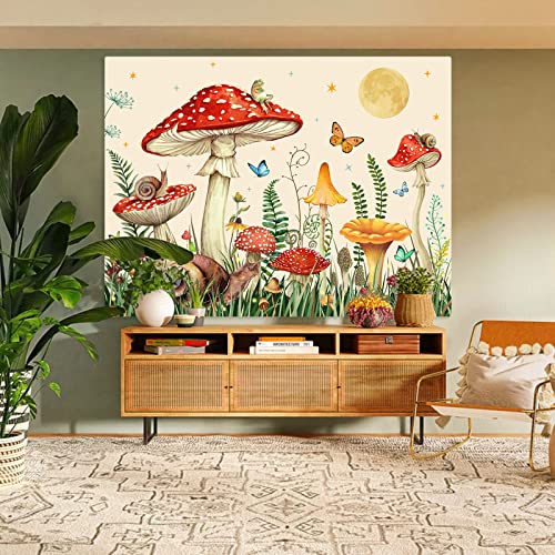 Zussun Red Mushroom Tapestry Moon Star Tapestries for Bedroom Aesthetic Beige Starry Night Green Plant Tapastrys Wall Hanging Butterfly Snail Frog Wall Tapestry for Living Room Dorm (Beige, 90" x 68") - color: Beige, size: 90"L x 68"W