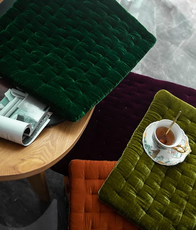 vctops Luxury Velvet Square Chair Pad Thin Soft and Comfy Chair Cushion Tufted Indoor Seat Cushion Pillow Tatami (Dark Green,17"x17")