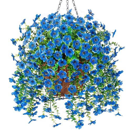 Artificial Fake Hanging Flowers Plants with Basket Spring Outdoor Decor,Faux Silk Flowers with Eucalyptus in Planter No Fade Flower in Basket for Farmhouse Home Garden Porch Patio Balcony(Blue) - color: Blue