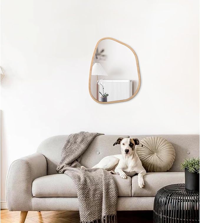 Irregular Bathroom Mirror Modern Wall Mirror Asymmetrical Wooden Framed Wall Mirror Unique Shape Wall Mounted Vanity Artistic Mirror Decor for Living Room Bedroom Entryway Small 16"x12"