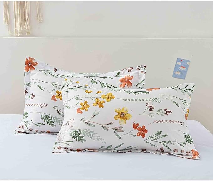 Nanko Floral Pillow Case Set (2 Pack), White Green Yellow Flower Leaf Spring Botanical Pattern Printed Farmhouse Soft Bedroom Decor Pillowcases/Pillow Shams - 20x30 inch Standard Queen Size