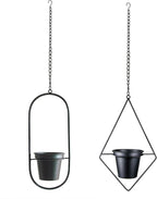 Modern Metal Hanging Planters Set of 2 - Geometric Diamond and Oval Plant Hangers with 5 inch Pots - Black Wall or Ceiling Mount Flower Holders for Indoor and Covered Outdoor Décor