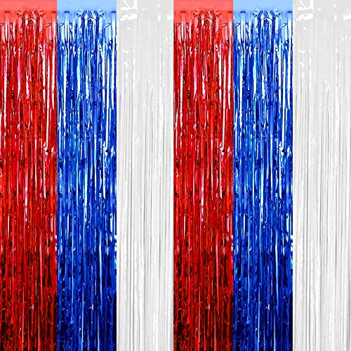 4 Pack Red Blue White Foil Fringe Curtain Backdrop, 3.28Ft x 8.2Ft Metallic Tinsel Foil Fringe Streamers Curtains for Photo Booth, Wedding, Mardi Gras, Birthday, Independence Day Party Decoration - color: Blue,White